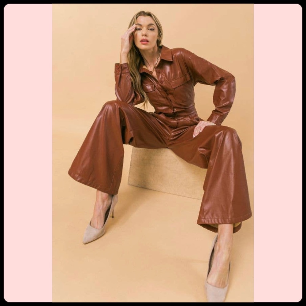 Brown Faux Leather Jumpsuit, Sizes Small - Large